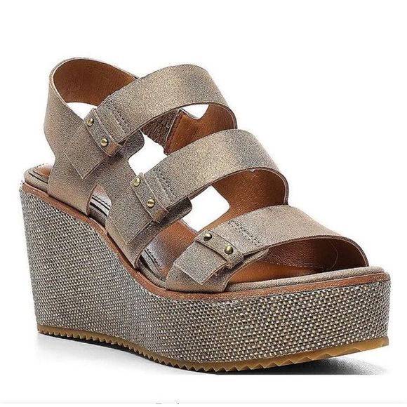 Donald Pliner Size 9 Iris Leather Raffia Platform Wedge Sandal Metallic - Picture 1 of 10